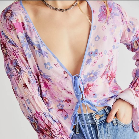 Free People Venice Floral Tie-Front Top Large | Rose Combo | NWT | Boho Blouse - Picture 11 of 13